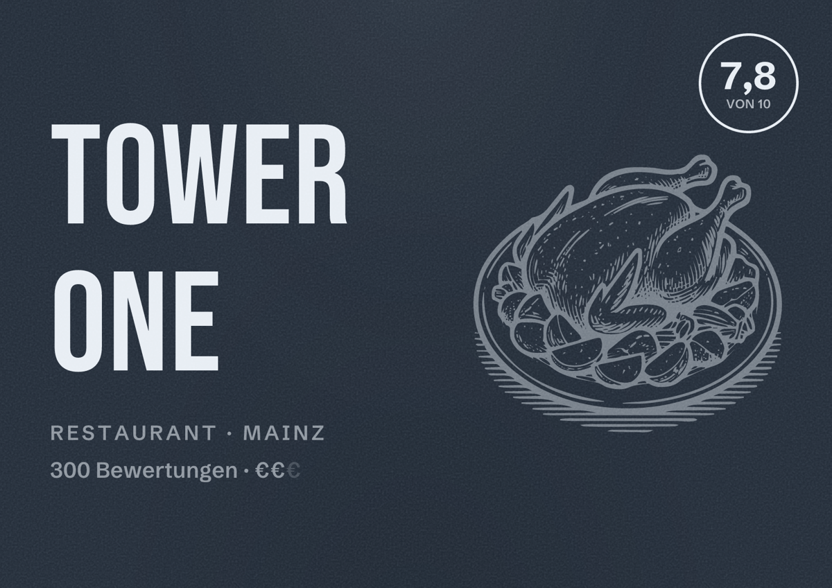 Illustriertes Poster von Tower One, Restaurant in Mainz: Bewertung 7,8 von 10 aus 300 Bewertungen, Preisniveau €€