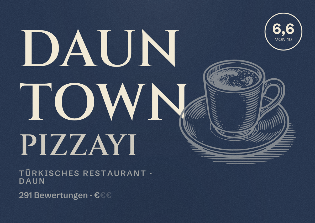Illustriertes Poster von Daun Town pizzayı, Türkisches Restaurant in Daun: Bewertung 6,6 von 10 aus 291 Bewertungen, Preisniveau €