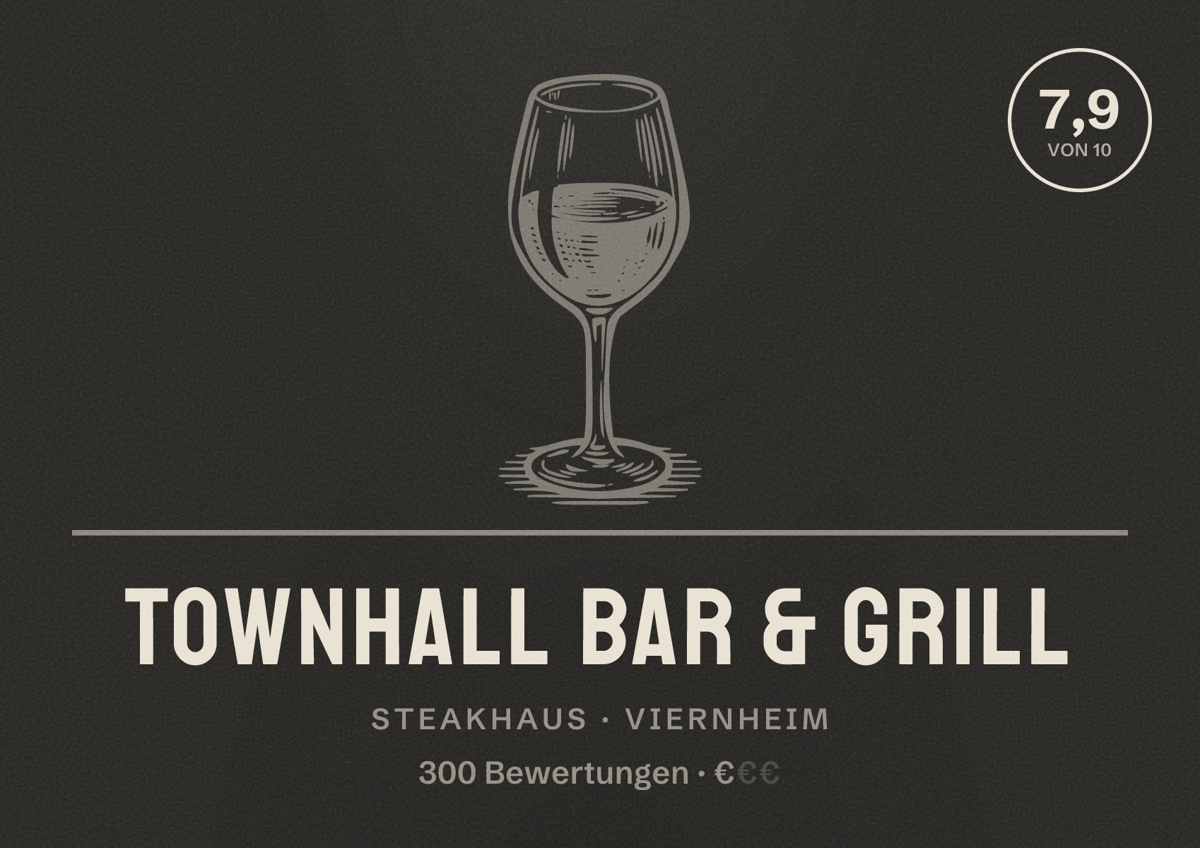 Illustriertes Poster von TownHall Bar & Grill, Steakhaus in Viernheim: Bewertung 7,9 von 10 aus 300 Bewertungen, Preisniveau €