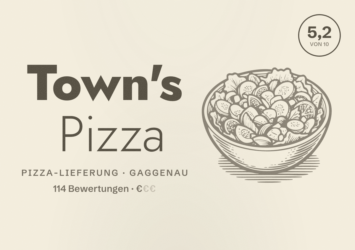 Illustriertes Poster von Town's Pizza, Pizza-Lieferung in Gaggenau: Bewertung 5,2 von 10 aus 114 Bewertungen, Preisniveau €