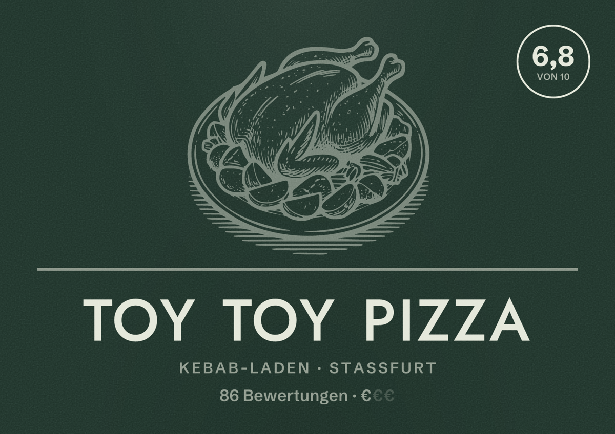 Illustriertes Poster von Toy Toy Pizza, Kebab-Laden in Staßfurt: Bewertung 6,8 von 10 aus 86 Bewertungen, Preisniveau €