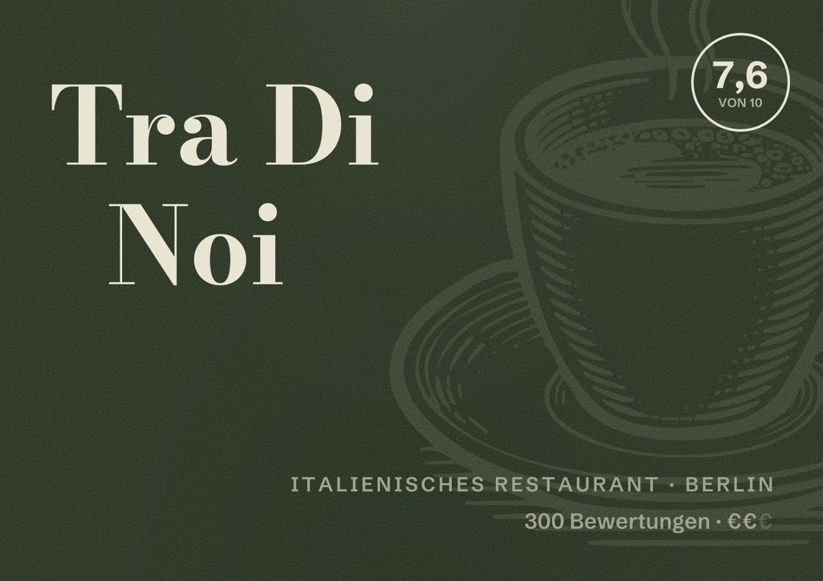 Illustriertes Poster von Tra Di Noi, Italienisches Restaurant in Berlin: Bewertung 7,6 von 10 aus 300 Bewertungen, Preisniveau €€
