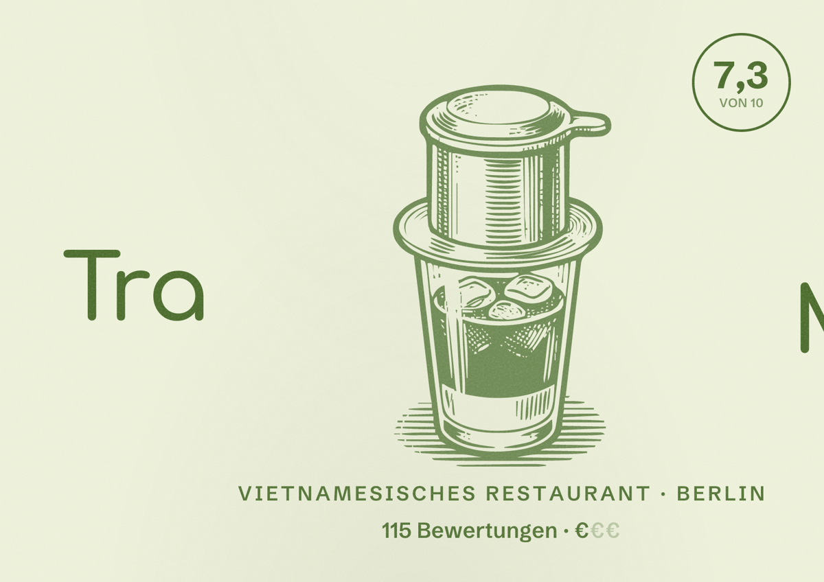 Illustriertes Poster von Tra My, Vietnamesisches Restaurant in Berlin: Bewertung 7,3 von 10 aus 115 Bewertungen, Preisniveau €