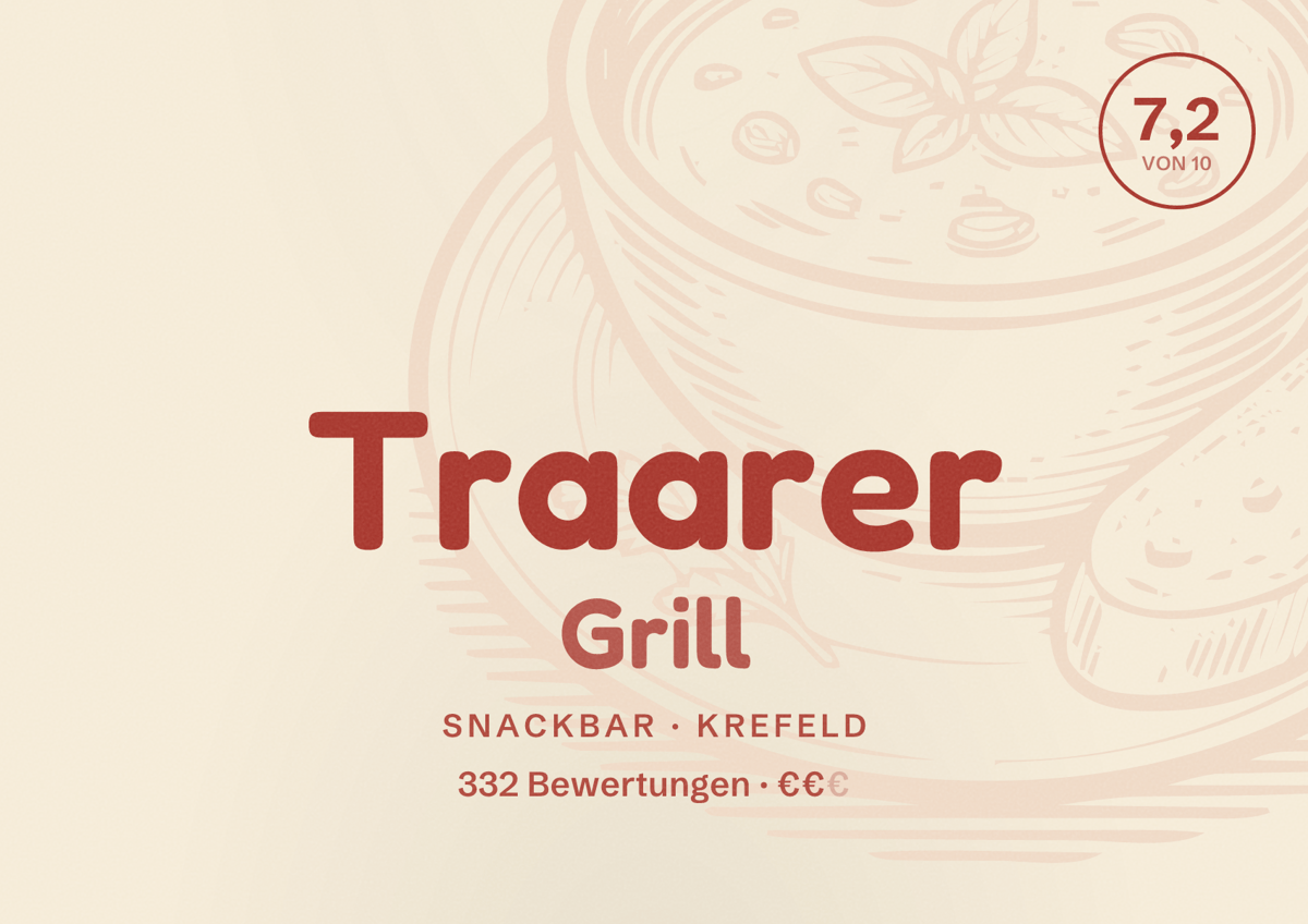 Illustriertes Poster von Traarer Grill, Snackbar in Krefeld: Bewertung 7,2 von 10 aus 332 Bewertungen, Preisniveau €€