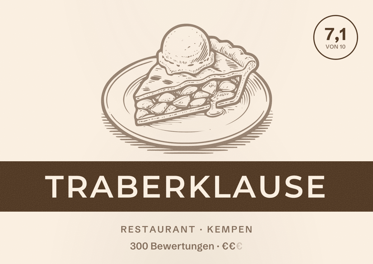 Illustriertes Poster von Traberklause, Restaurant in Kempen: Bewertung 7,1 von 10 aus 300 Bewertungen, Preisniveau €€