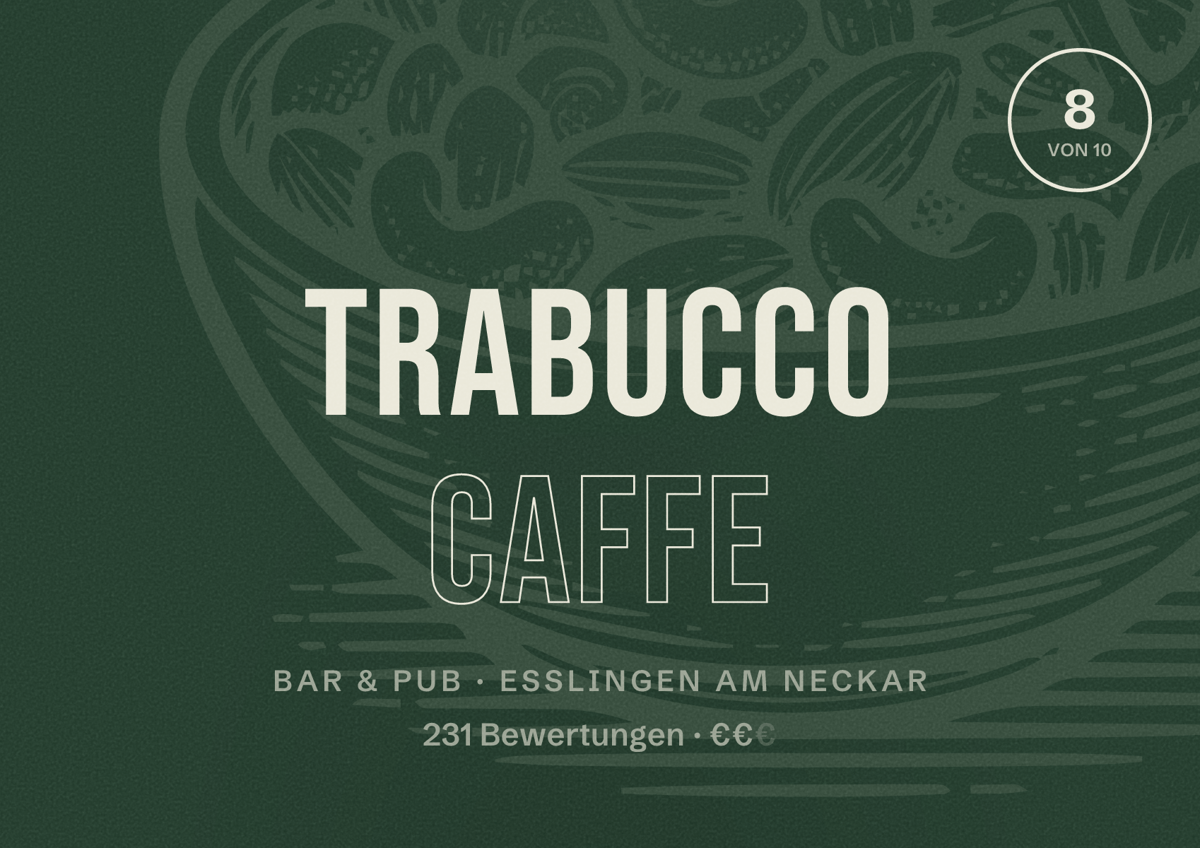 Illustriertes Poster von Trabucco Caffe, Bar & Pub in Esslingen am Neckar: Bewertung 8 von 10 aus 231 Bewertungen, Preisniveau €€