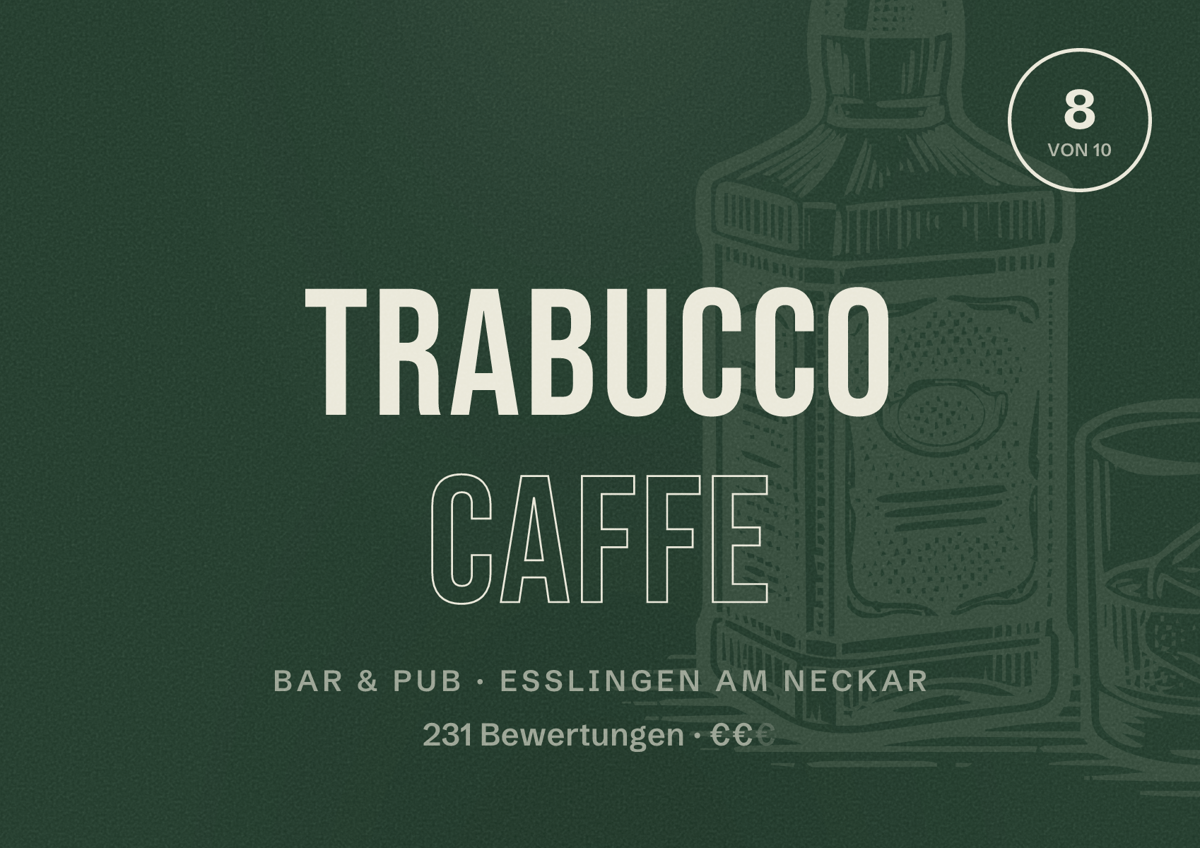 Illustriertes Poster von Trabucco Caffe, Bar & Pub in Esslingen am Neckar: Bewertung 8,0 von 10 aus 231 Bewertungen, Preisniveau €€