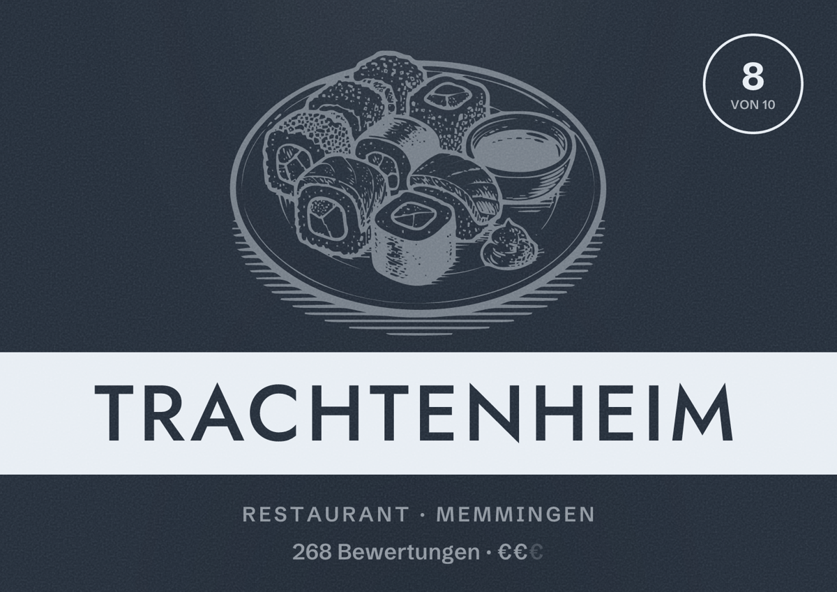 Illustriertes Poster von Trachtenheim, Restaurant in Memmingen: Bewertung 8 von 10 aus 268 Bewertungen, Preisniveau €€