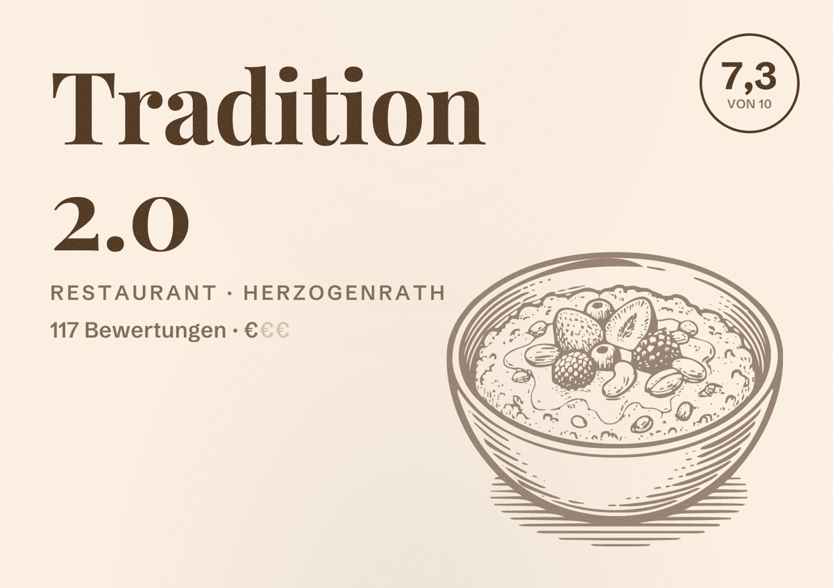 Illustriertes Poster von Tradition 2.0, Restaurant in Herzogenrath: Bewertung 7,3 von 10 aus 117 Bewertungen, Preisniveau €