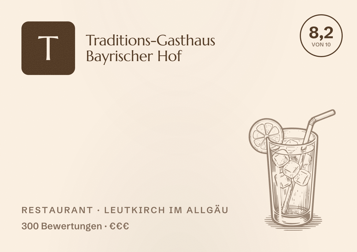 Illustriertes Poster von Traditions-Gasthaus Bayrischer Hof, Restaurant in Leutkirch im Allgäu: Bewertung 8,2 von 10 aus 300 Bewertungen, Preisniveau €€€