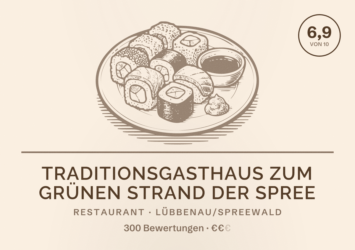 Illustriertes Poster von Traditionsgasthaus Zum Grünen Strand der Spree, Restaurant in Lübbenau/Spreewald: Bewertung 6,9 von 10 aus 300 Bewertungen, Preisniveau €€