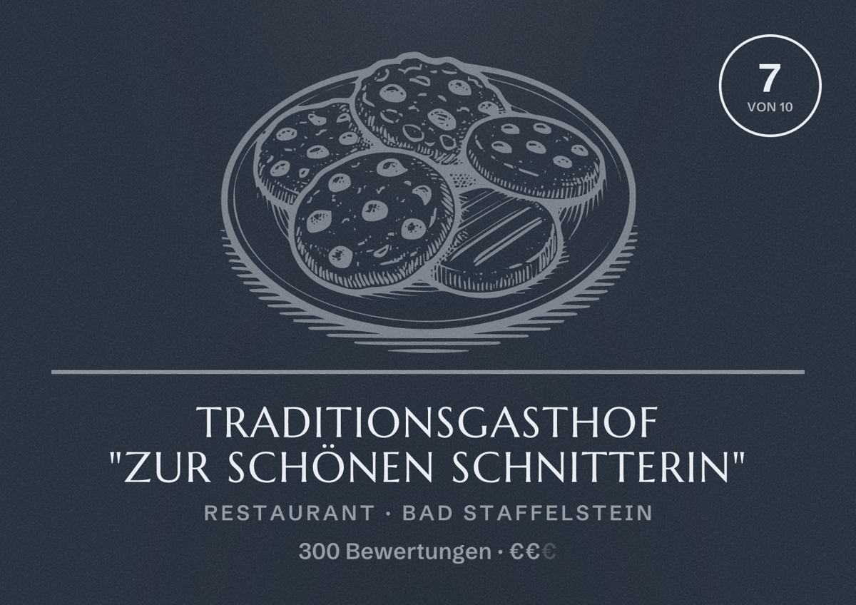 Illustriertes Poster von Traditionsgasthof "Zur schönen Schnitterin", Restaurant in Bad Staffelstein: Bewertung 7 von 10 aus 300 Bewertungen, Preisniveau €€