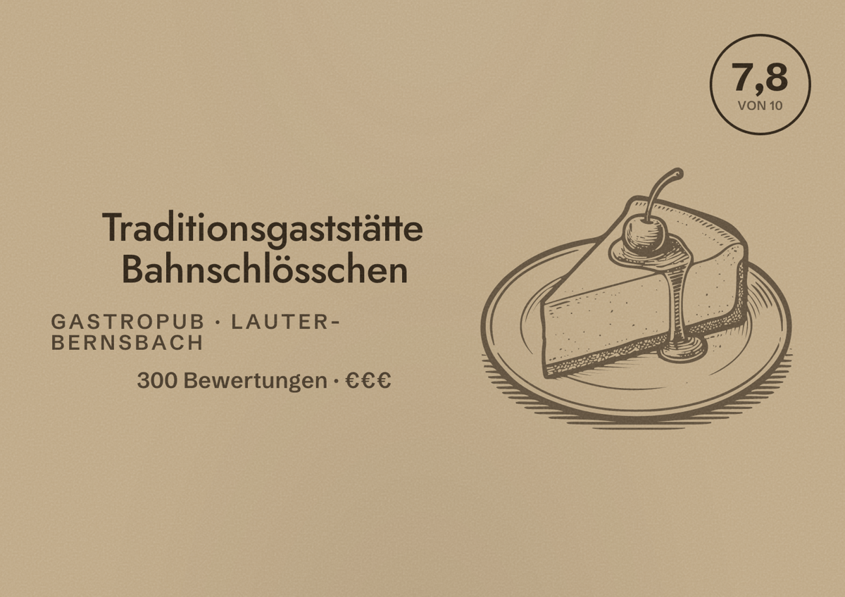 Illustriertes Poster von Traditionsgaststätte Bahnschlösschen, Gastropub in Lauter-Bernsbach: Bewertung 7,8 von 10 aus 300 Bewertungen, Preisniveau €€€