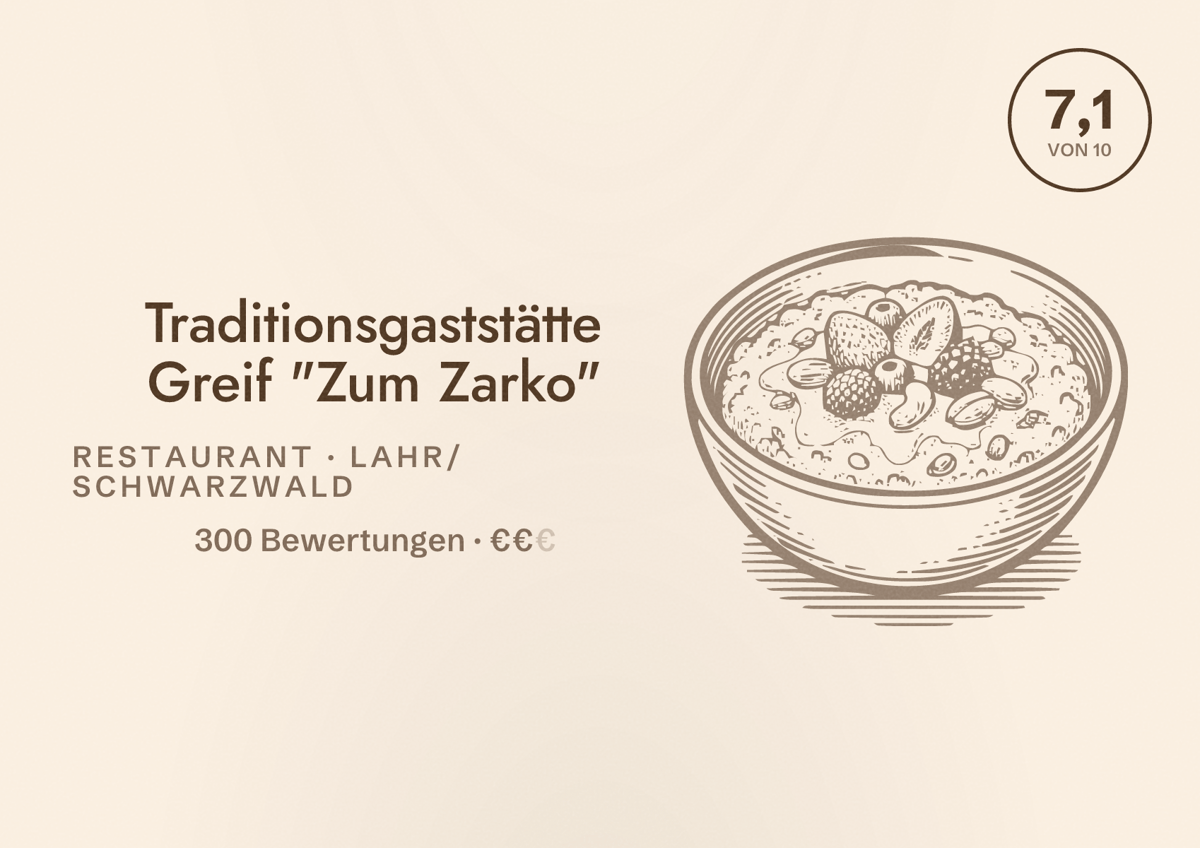 Illustriertes Poster von Traditionsgaststätte Greif "Zum Zarko", Restaurant in Lahr/Schwarzwald: Bewertung 7,1 von 10 aus 300 Bewertungen, Preisniveau €€