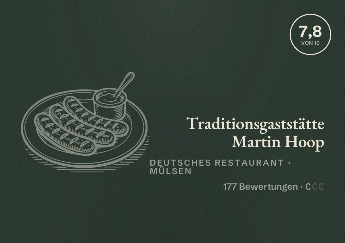 Illustriertes Poster von Traditionsgaststätte Martin Hoop, Deutsches Restaurant in Mülsen: Bewertung 7,8 von 10 aus 177 Bewertungen, Preisniveau €