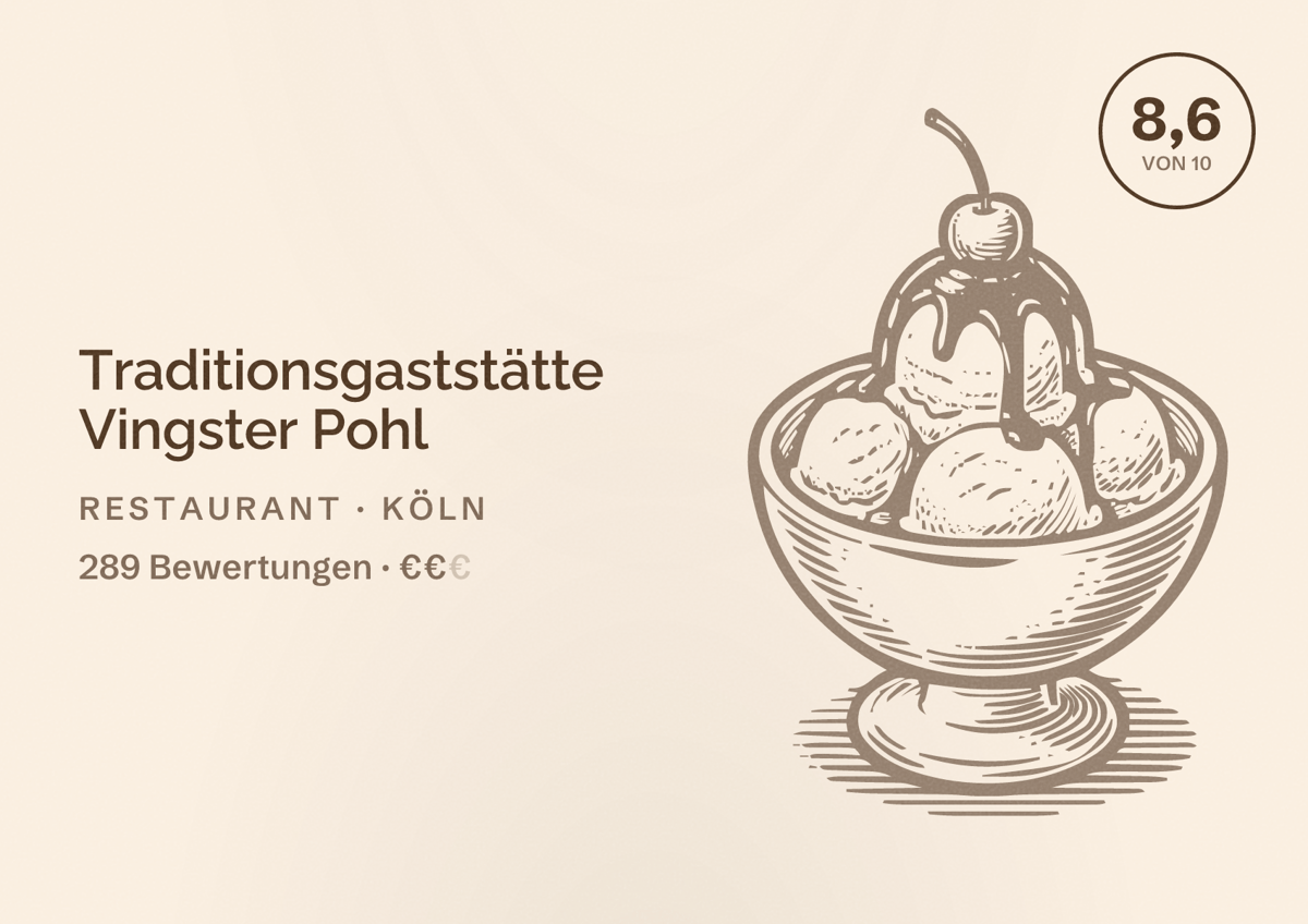 Illustriertes Poster von Traditionsgaststätte Vingster Pohl, Restaurant in Köln: Bewertung 8,6 von 10 aus 289 Bewertungen, Preisniveau €€