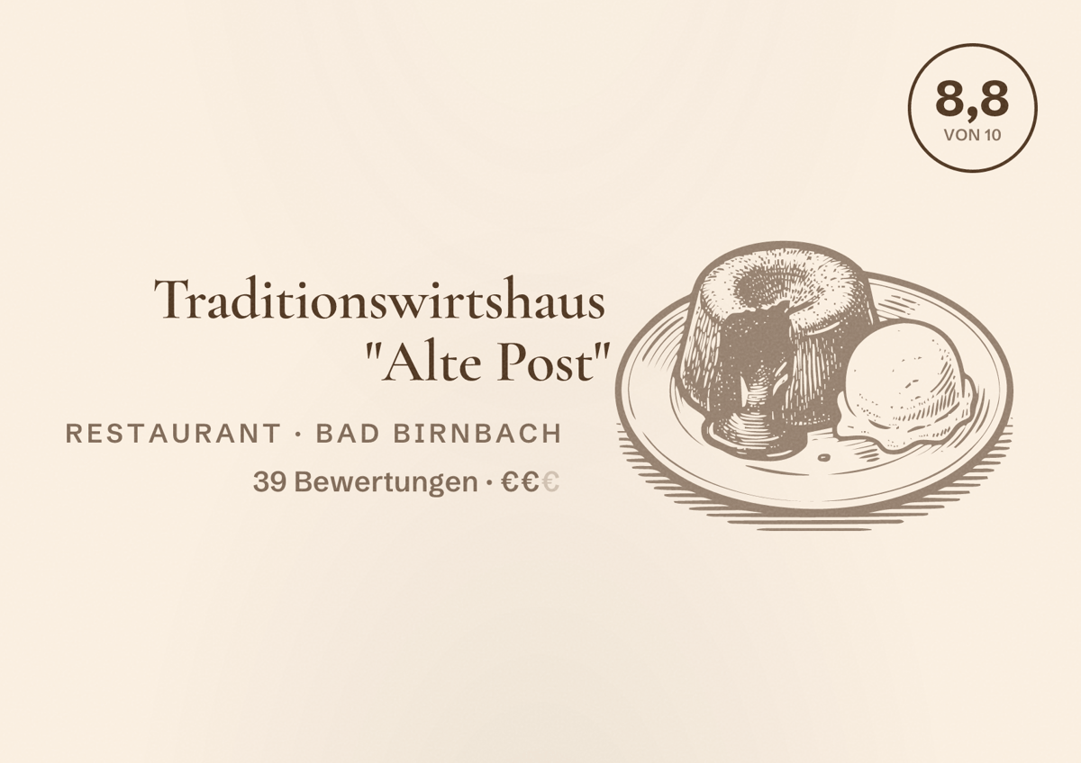 Illustriertes Poster von Traditionswirtshaus "Alte Post", Restaurant in Bad Birnbach: Bewertung 8,8 von 10 aus 39 Bewertungen, Preisniveau €€