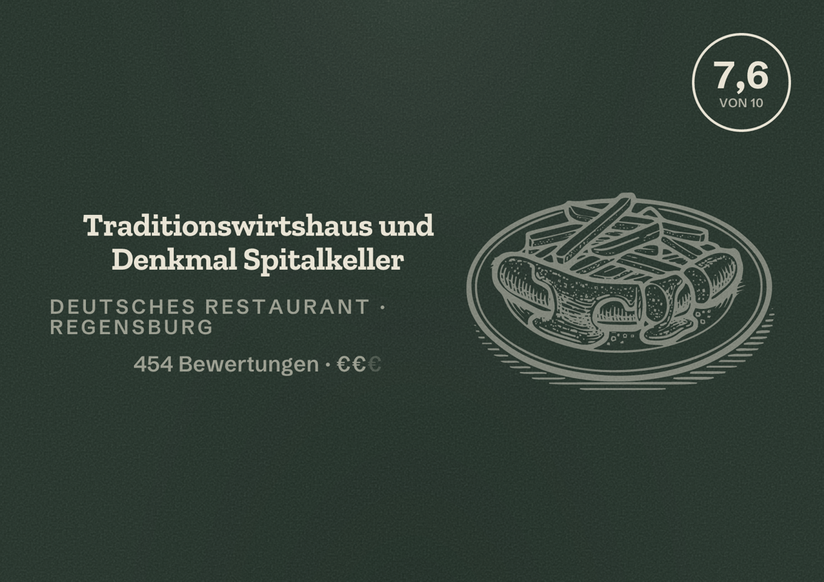 Illustriertes Poster von Traditionswirtshaus und Denkmal Spitalkeller, Deutsches Restaurant in Regensburg: Bewertung 7,6 von 10 aus 454 Bewertungen, Preisniveau €€