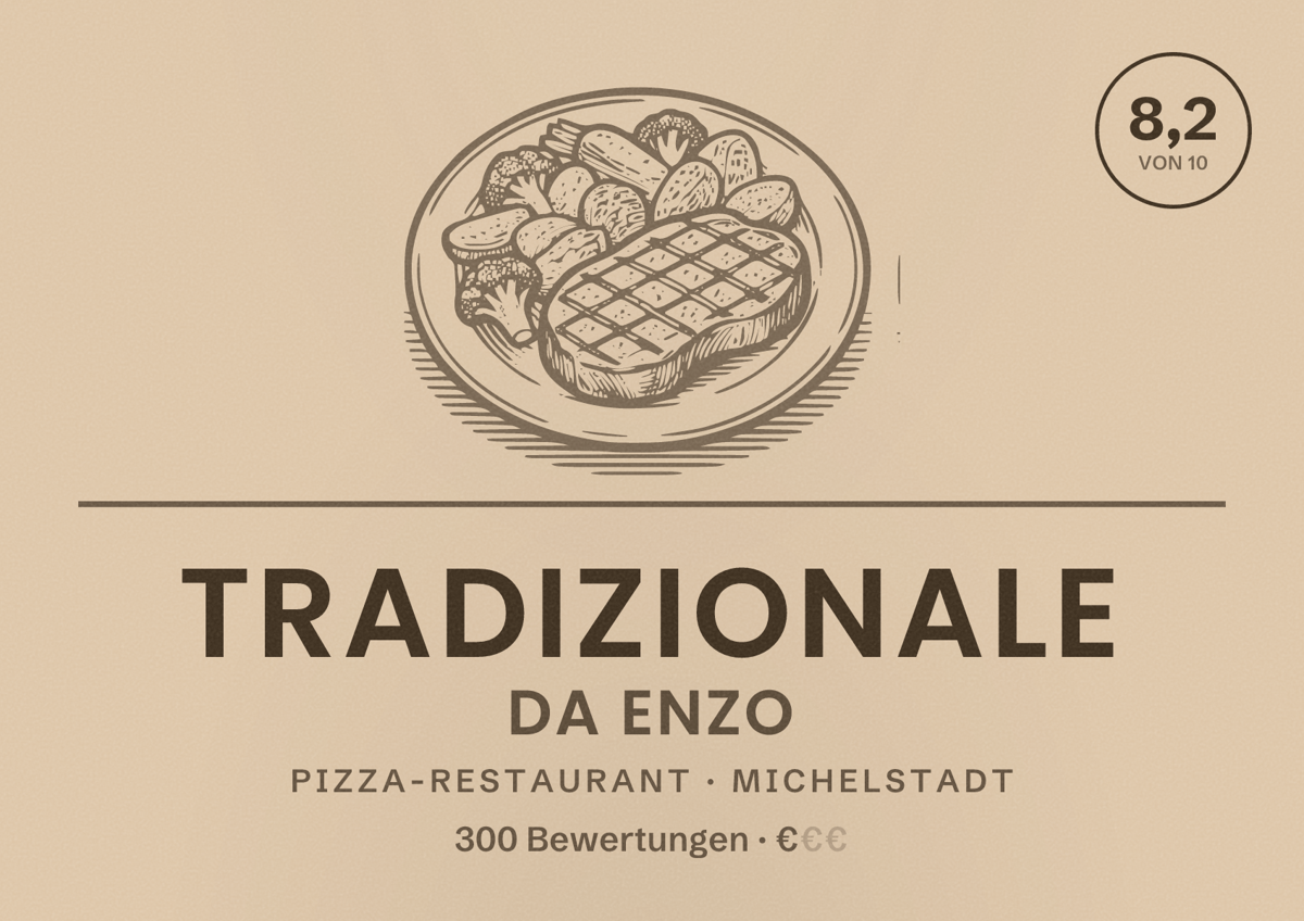 Illustriertes Poster von Tradizionale da Enzo, Pizza-Restaurant in Michelstadt: Bewertung 8,2 von 10 aus 300 Bewertungen, Preisniveau €