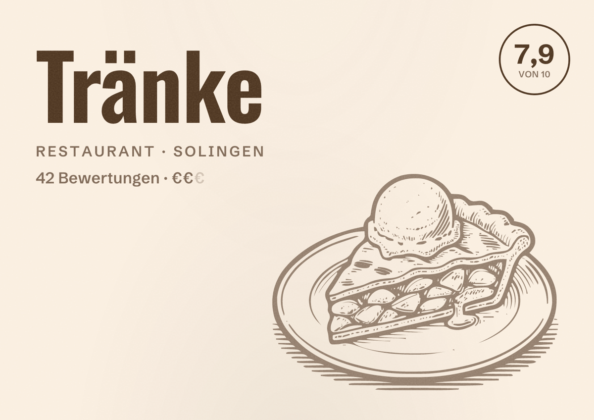Illustriertes Poster von Tränke, Restaurant in Solingen: Bewertung 7,9 von 10 aus 42 Bewertungen, Preisniveau €€
