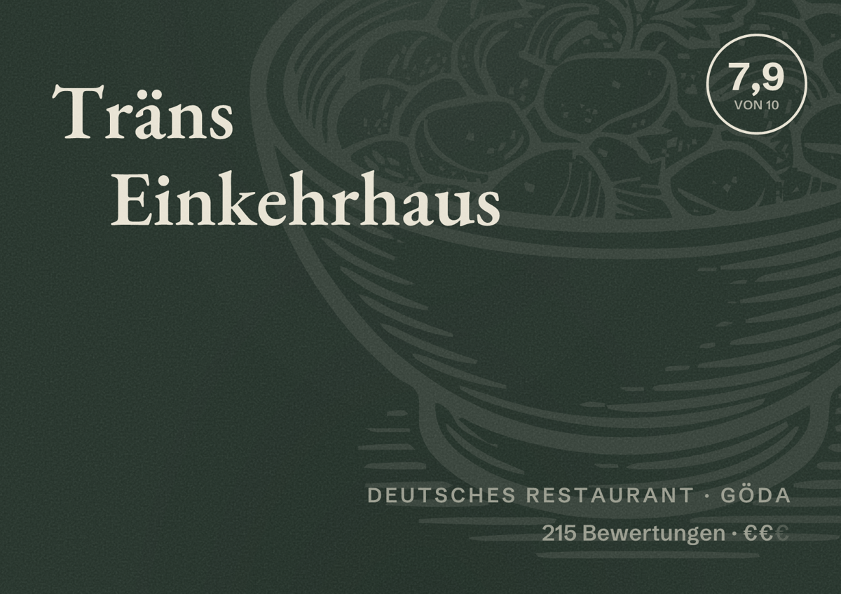 Illustriertes Poster von Träns Einkehrhaus, Deutsches Restaurant in Göda: Bewertung 7,9 von 10 aus 215 Bewertungen, Preisniveau €€