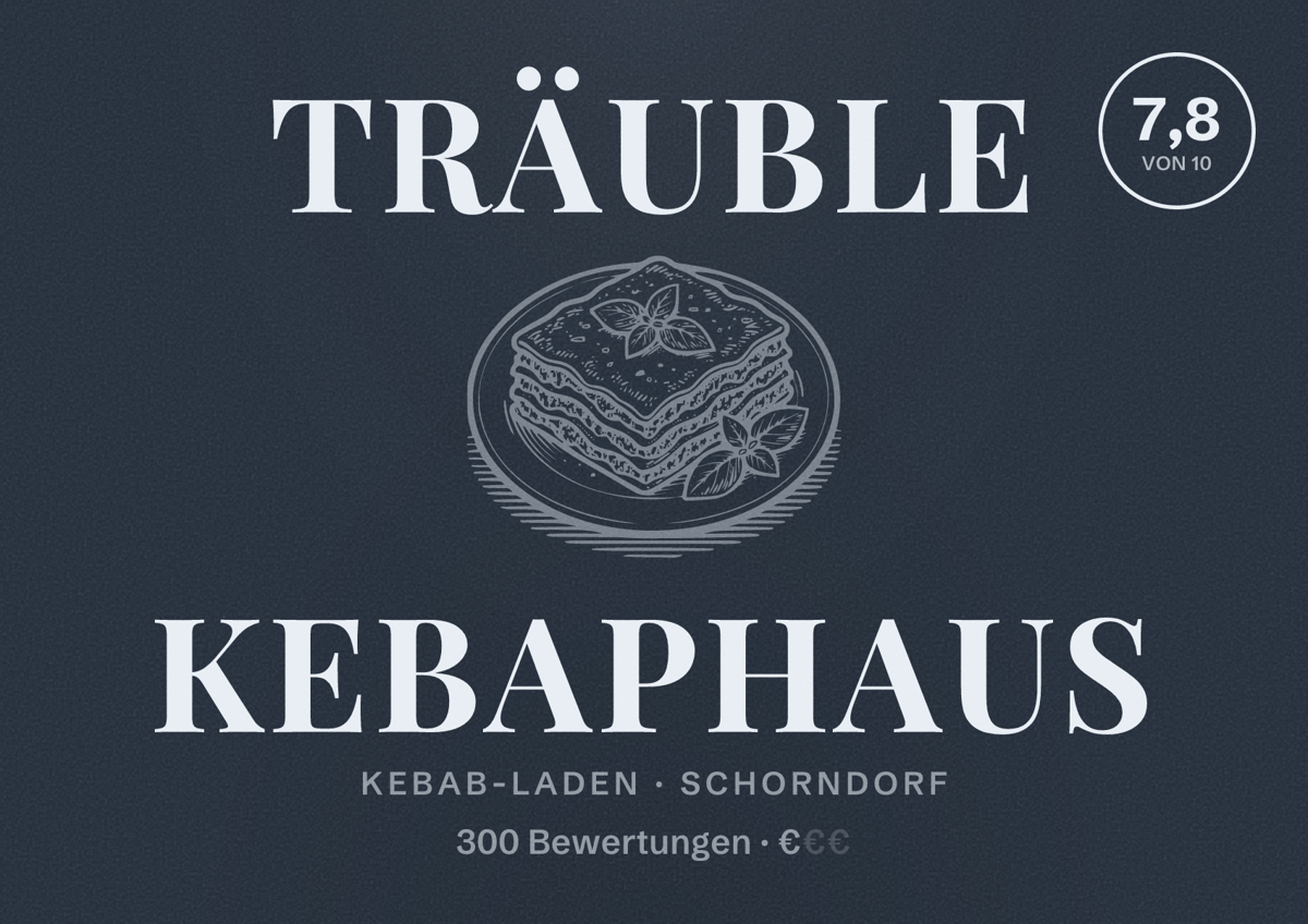 Illustriertes Poster von Träuble Kebaphaus, Kebab-Laden in Schorndorf: Bewertung 7,8 von 10 aus 300 Bewertungen, Preisniveau €