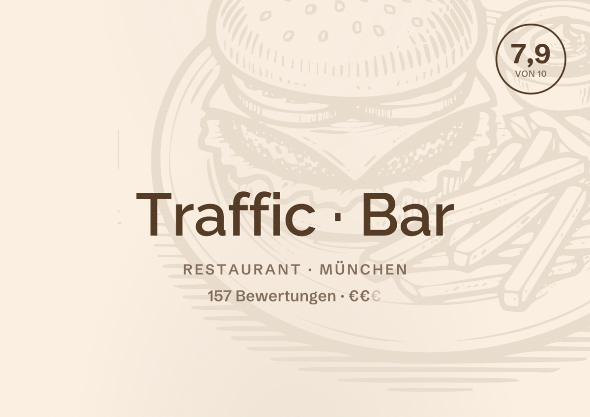 Illustriertes Poster von Traffic Bar, Restaurant in München: Bewertung 7,9 von 10 aus 157 Bewertungen, Preisniveau €€