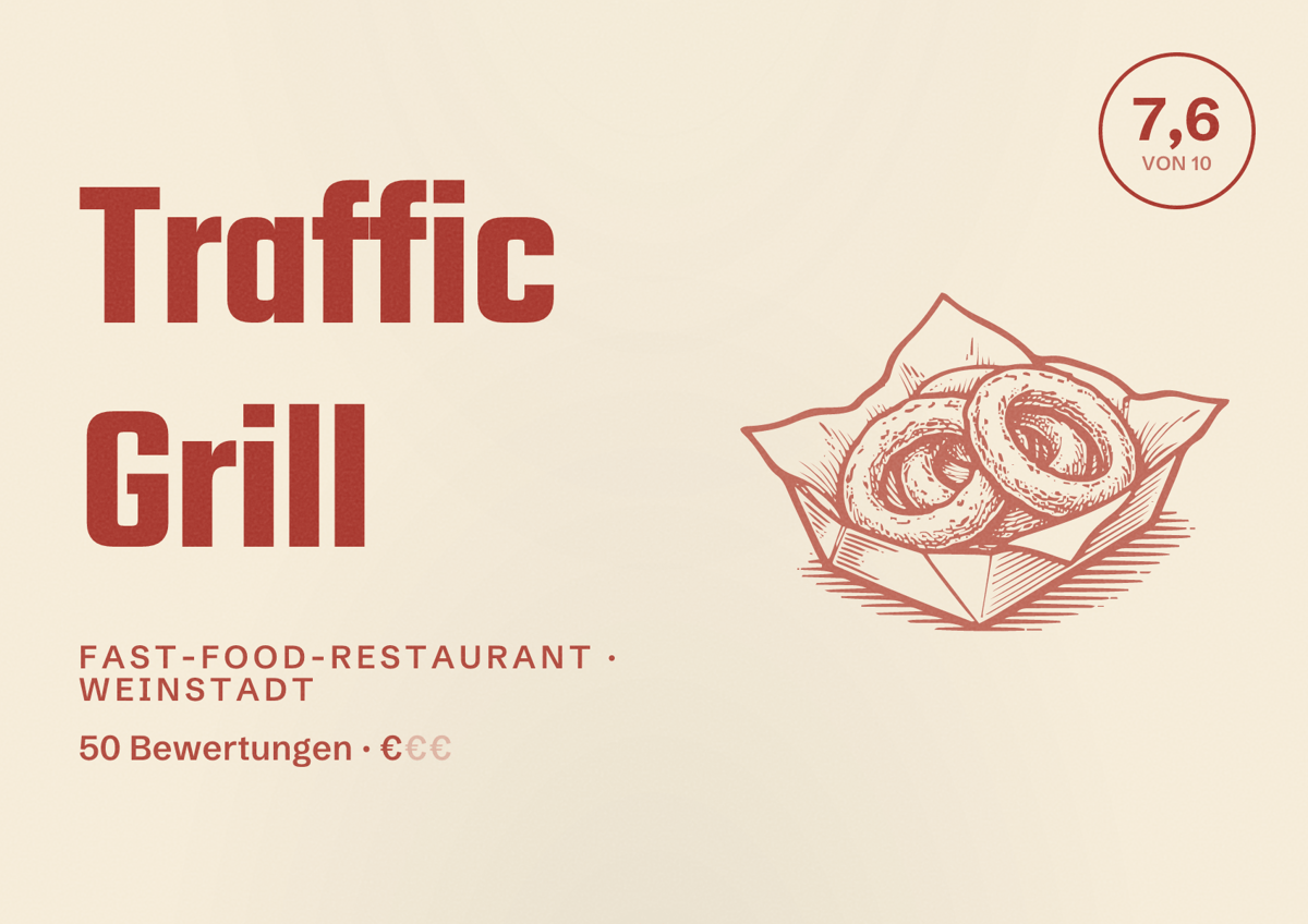 Illustriertes Poster von Traffic Grill, Fast-Food-Restaurant in Weinstadt: Bewertung 7,6 von 10 aus 50 Bewertungen, Preisniveau €
