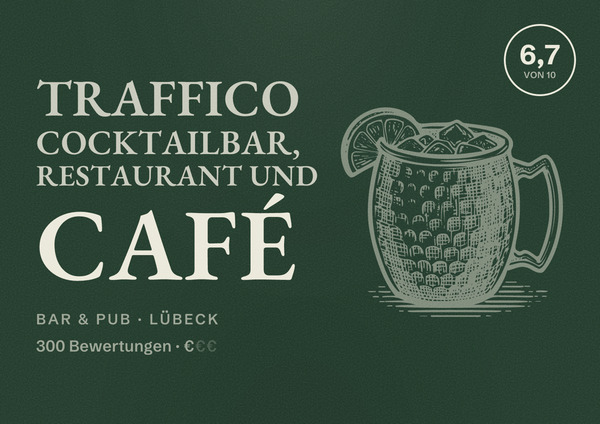 Illustriertes Poster von Traffico Cocktailbar, Restaurant und Café, Bar & Pub in Lübeck: Bewertung 6,7 von 10 aus 300 Bewertungen, Preisniveau €