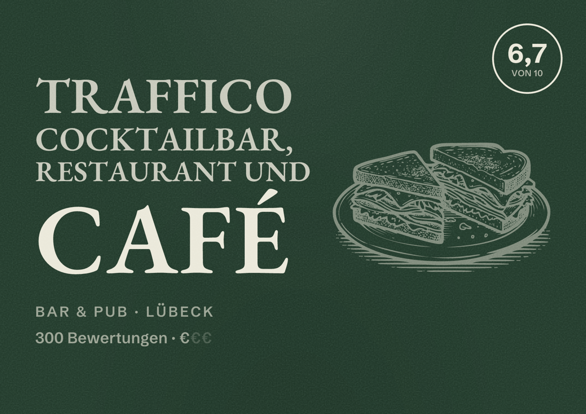Illustriertes Poster von Traffico Cocktailbar, Restaurant und Café, Bar & Pub in Lübeck: Bewertung 6,7 von 10 aus 300 Bewertungen, Preisniveau €