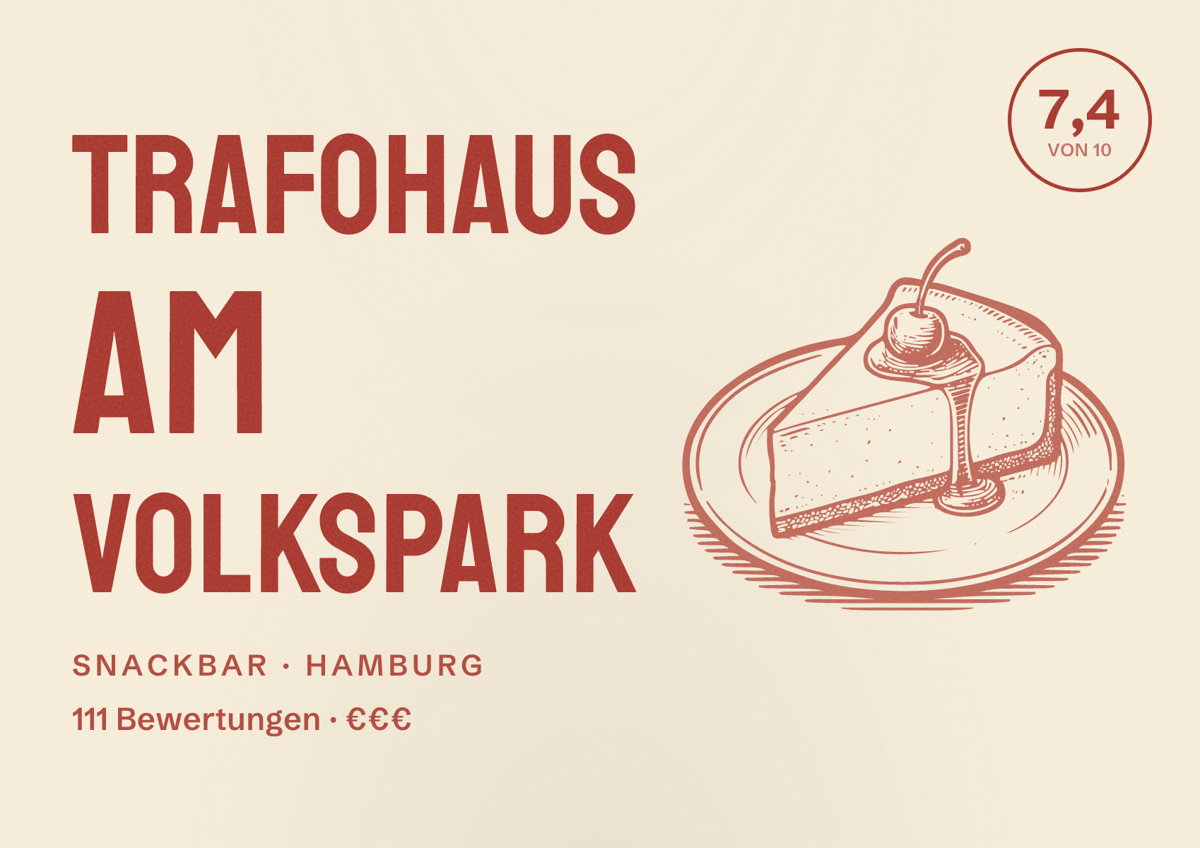 Illustriertes Poster von Trafohaus am Volkspark, Snackbar in Hamburg: Bewertung 7,4 von 10 aus 111 Bewertungen, Preisniveau €€€