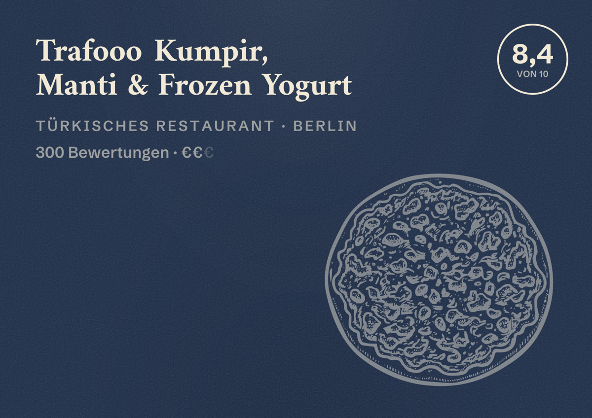 Illustriertes Poster von Trafooo Kumpir, Manti & Frozen Yogurt, Türkisches Restaurant in Berlin: Bewertung 8,4 von 10 aus 300 Bewertungen, Preisniveau €€