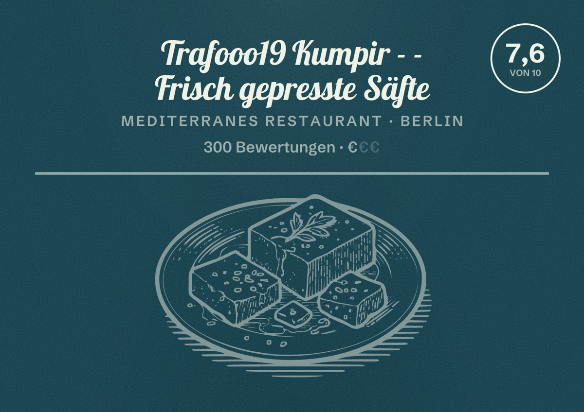 Illustriertes Poster von Trafooo19 Kumpir - - Frisch gepresste Säfte, Mediterranes Restaurant in Berlin: Bewertung 7,6 von 10 aus 300 Bewertungen, Preisniveau €