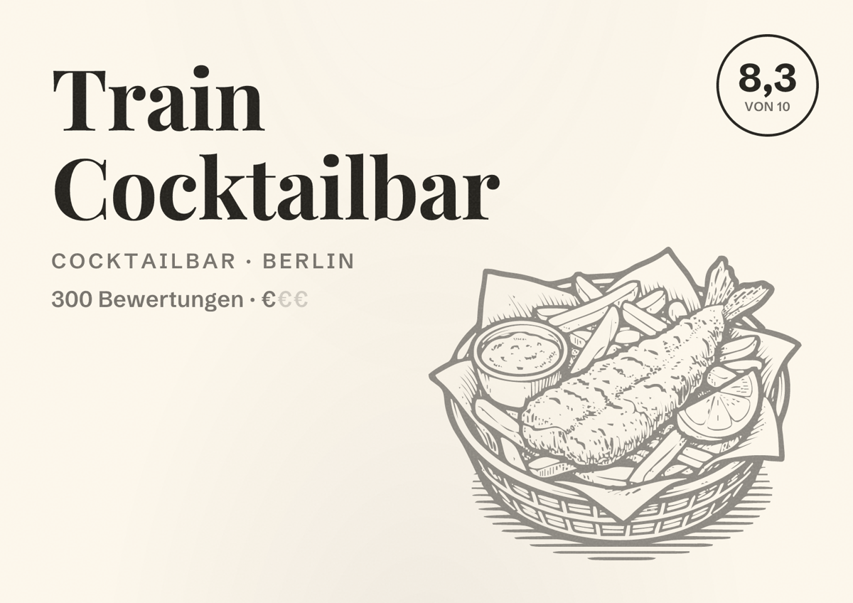 Illustriertes Poster von Train Cocktailbar, Cocktailbar in Berlin: Bewertung 8,3 von 10 aus 300 Bewertungen, Preisniveau €