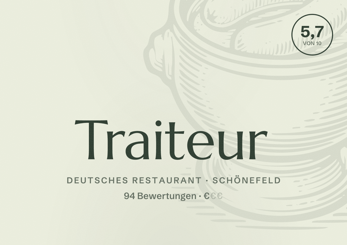 Illustriertes Poster von Traiteur, Deutsches Restaurant in Schönefeld: Bewertung 5,7 von 10 aus 94 Bewertungen, Preisniveau €