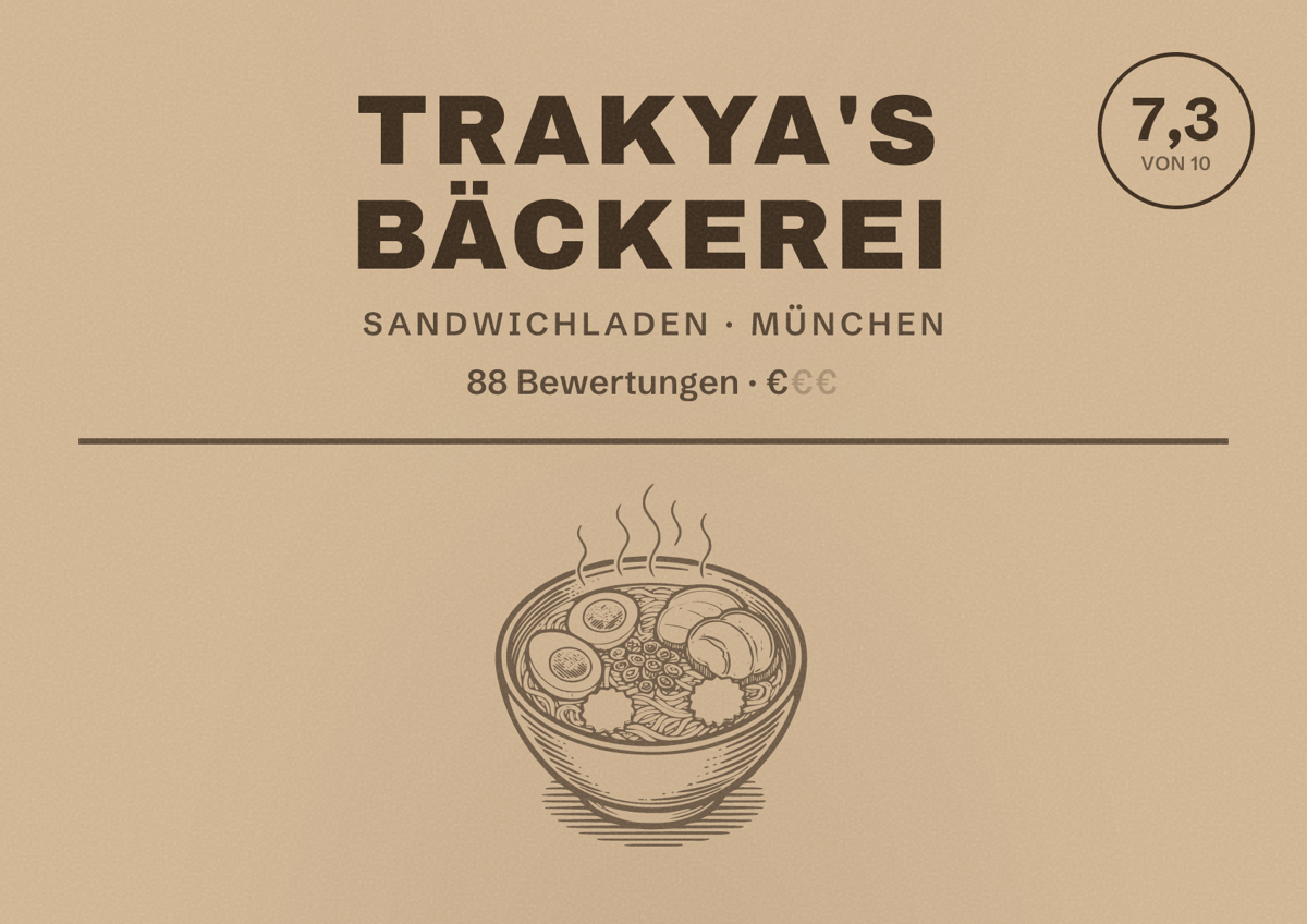 Illustriertes Poster von trakya's Bäckerei, Sandwichladen in München: Bewertung 7,3 von 10 aus 88 Bewertungen, Preisniveau €