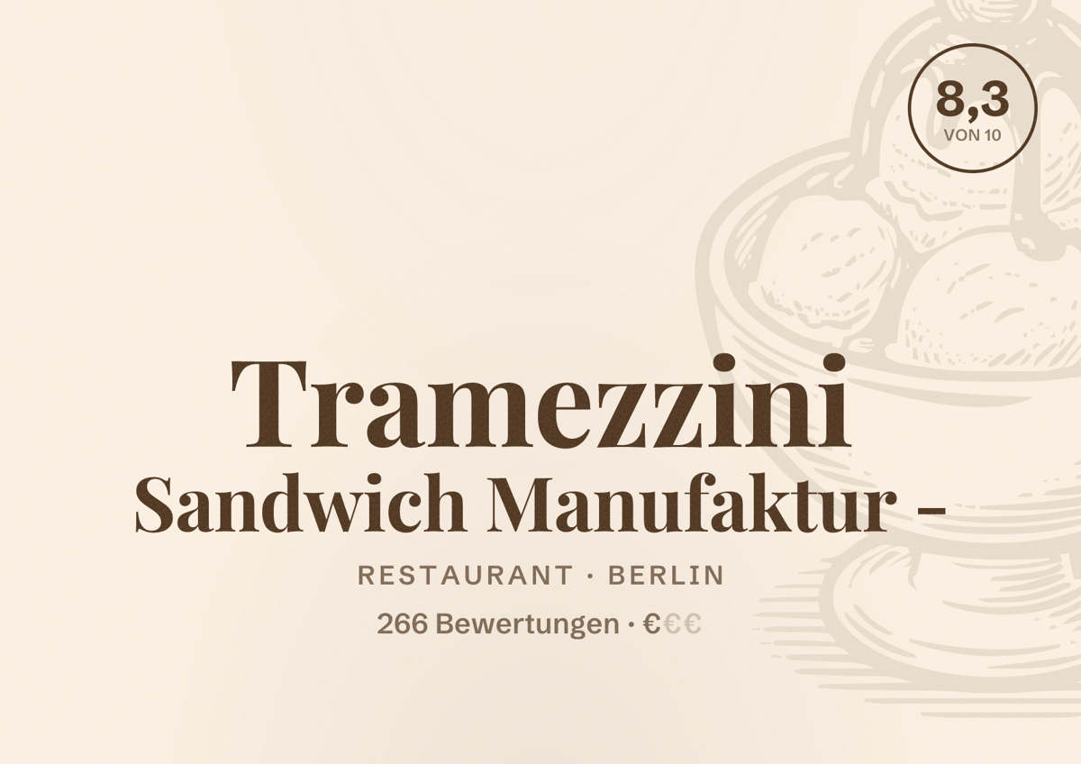 Illustriertes Poster von Tramezzini Sandwich Manufaktur -, Restaurant in Berlin: Bewertung 8,3 von 10 aus 266 Bewertungen, Preisniveau €