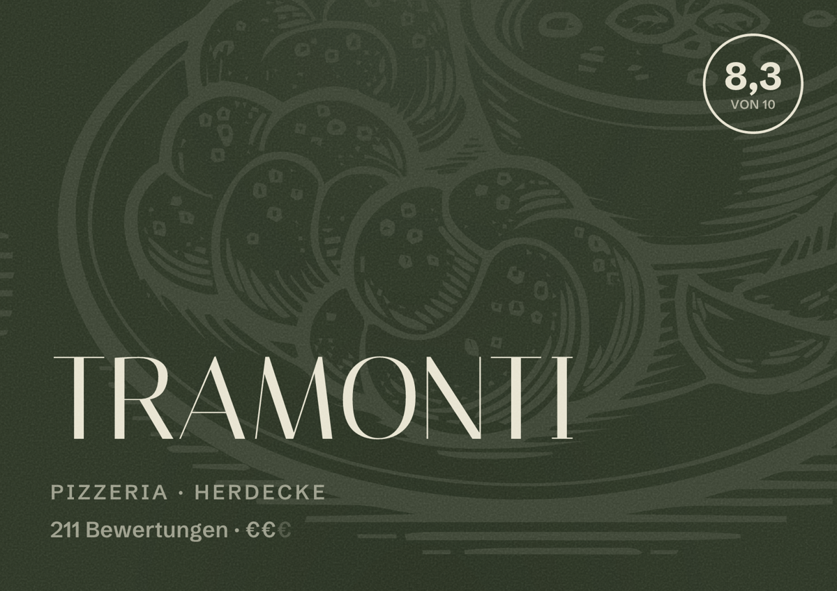 Illustriertes Poster von TRAMONTI, Pizzeria in Herdecke: Bewertung 8,3 von 10 aus 211 Bewertungen, Preisniveau €€