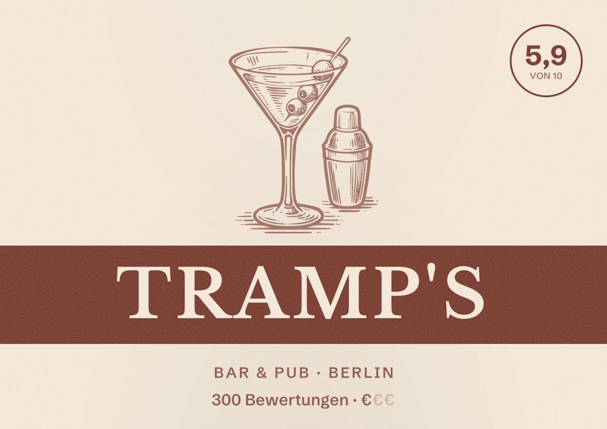 Illustriertes Poster von Tramp's, Bar & Pub in Berlin: Bewertung 5,9 von 10 aus 300 Bewertungen, Preisniveau €