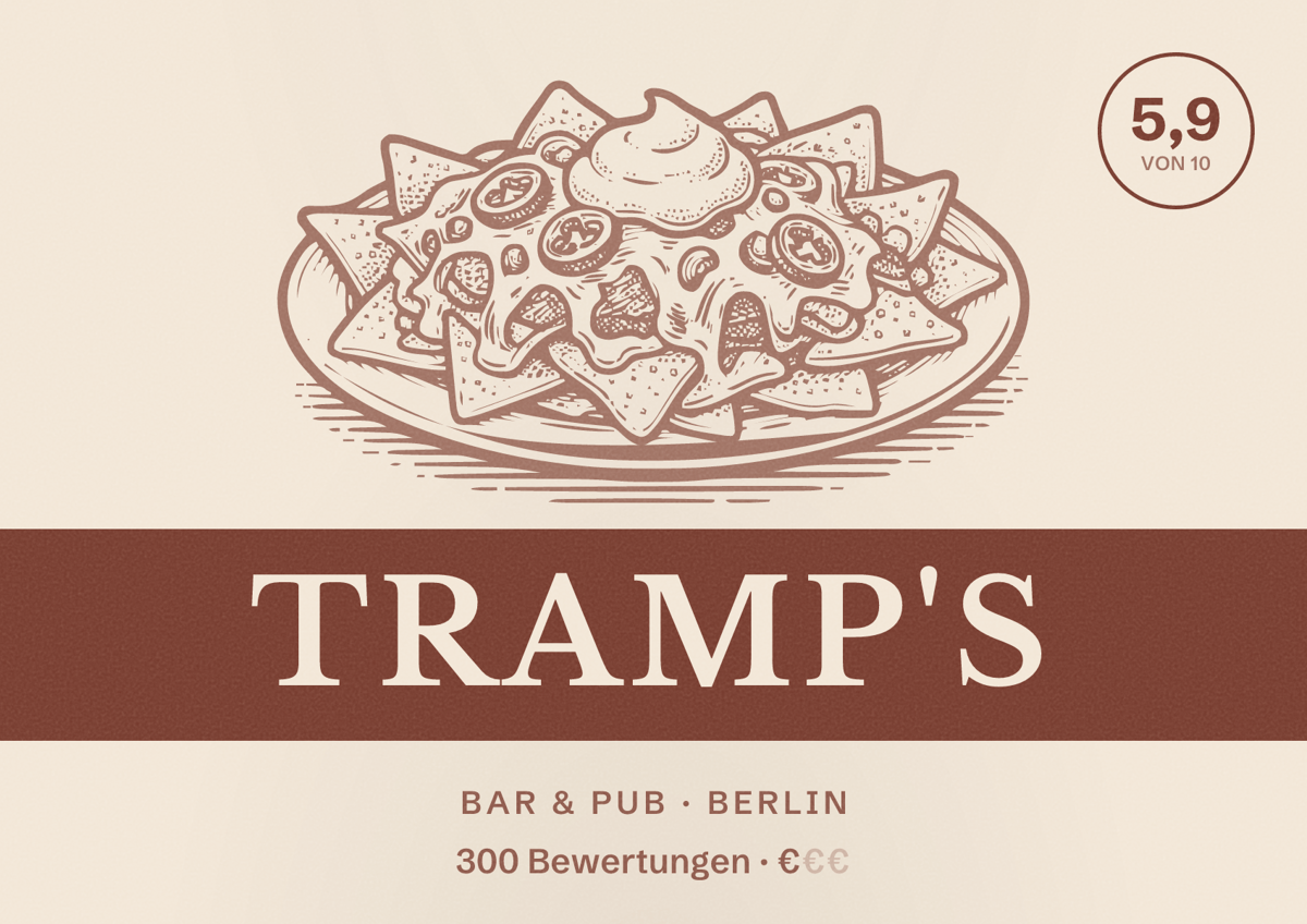 Illustriertes Poster von Tramp's, Bar & Pub in Berlin: Bewertung 5,9 von 10 aus 300 Bewertungen, Preisniveau €