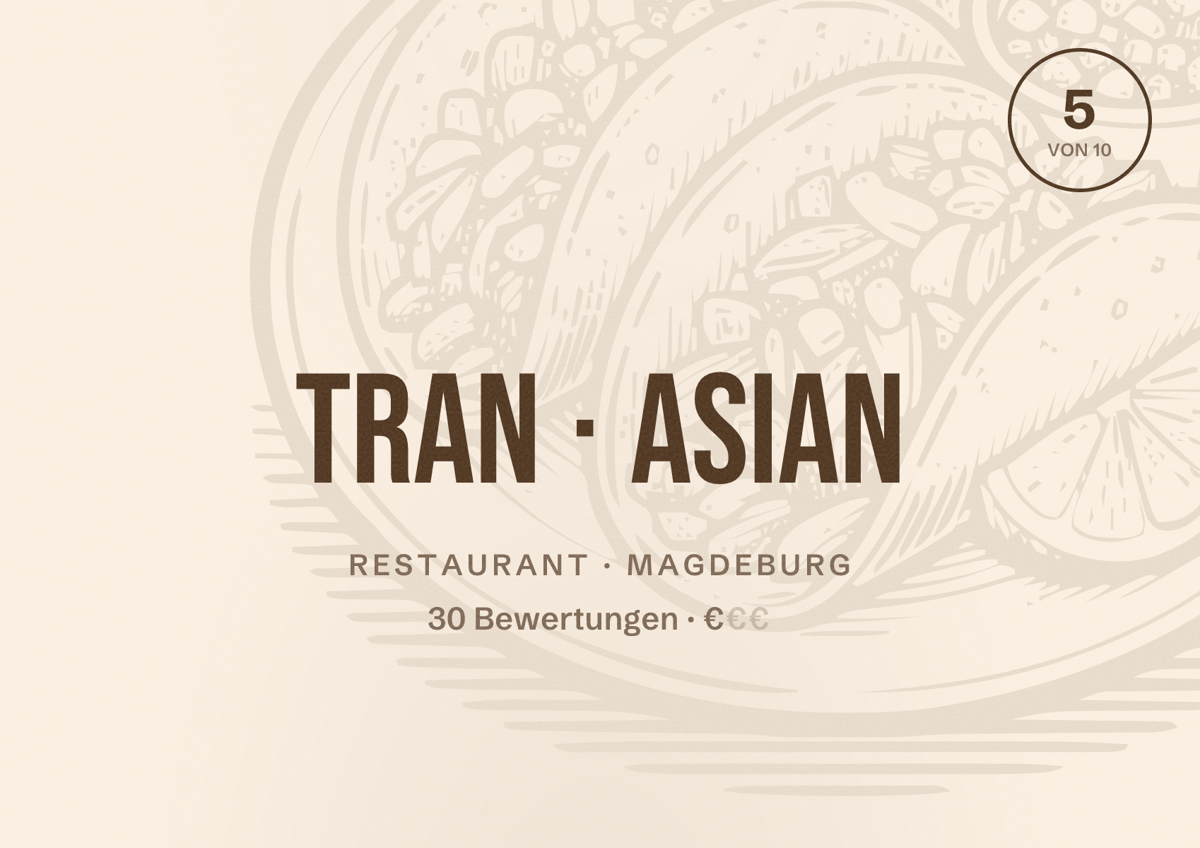 Illustriertes Poster von Tran Asian, Restaurant in Magdeburg: Bewertung 5,0 von 10 aus 30 Bewertungen, Preisniveau €