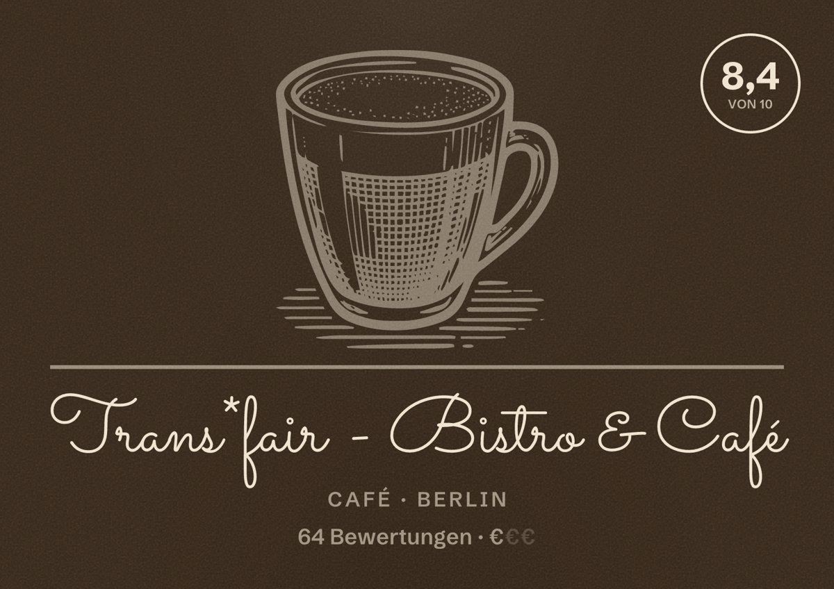 Illustriertes Poster von Trans*fair - Bistro & Café, Café in Berlin: Bewertung 8,4 von 10 aus 64 Bewertungen, Preisniveau €