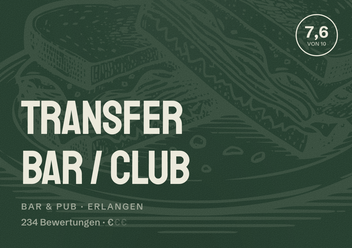 Illustriertes Poster von Transfer Bar / club, Bar & Pub in Erlangen: Bewertung 7,6 von 10 aus 234 Bewertungen, Preisniveau €