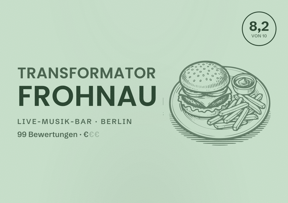 Illustriertes Poster von Transformator Frohnau, Live-Musik-Bar in Berlin: Bewertung 8,2 von 10 aus 99 Bewertungen, Preisniveau €