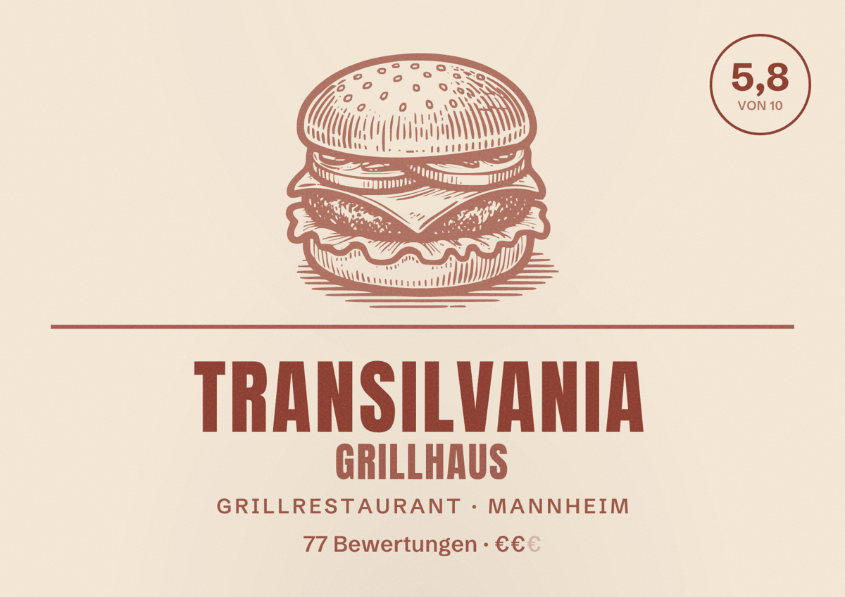 Illustriertes Poster von Transilvania Grillhaus, Grillrestaurant in Mannheim: Bewertung 5,8 von 10 aus 77 Bewertungen, Preisniveau €€