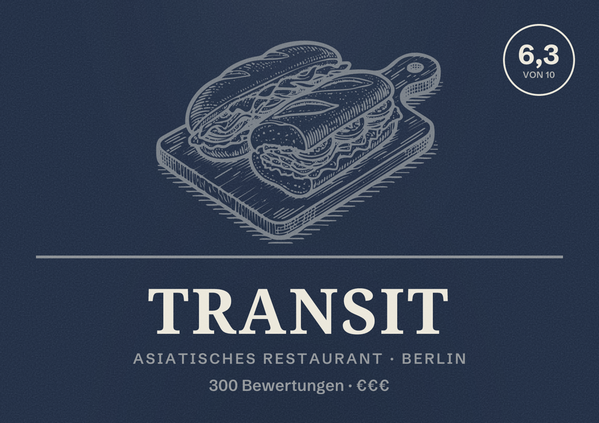 Illustriertes Poster von Transit, Asiatisches Restaurant in Berlin: Bewertung 6,3 von 10 aus 300 Bewertungen, Preisniveau €€€