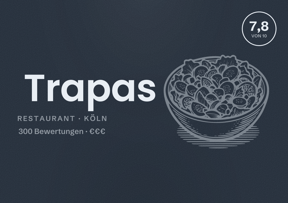 Illustriertes Poster von Trapas, Restaurant in Köln: Bewertung 7,8 von 10 aus 300 Bewertungen, Preisniveau €€€