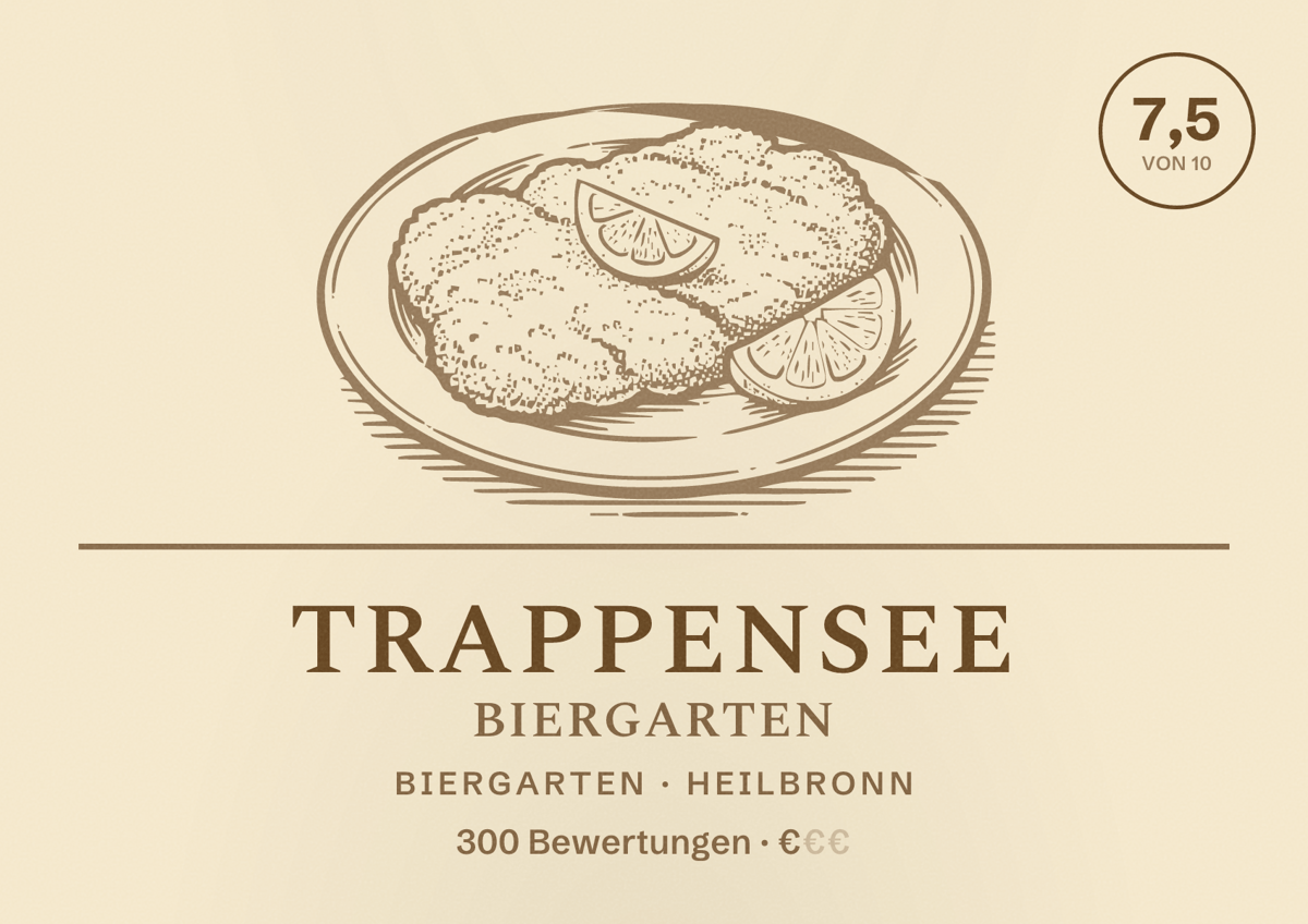 Illustriertes Poster von Trappensee Biergarten, Biergarten in Heilbronn: Bewertung 7,5 von 10 aus 300 Bewertungen, Preisniveau €
