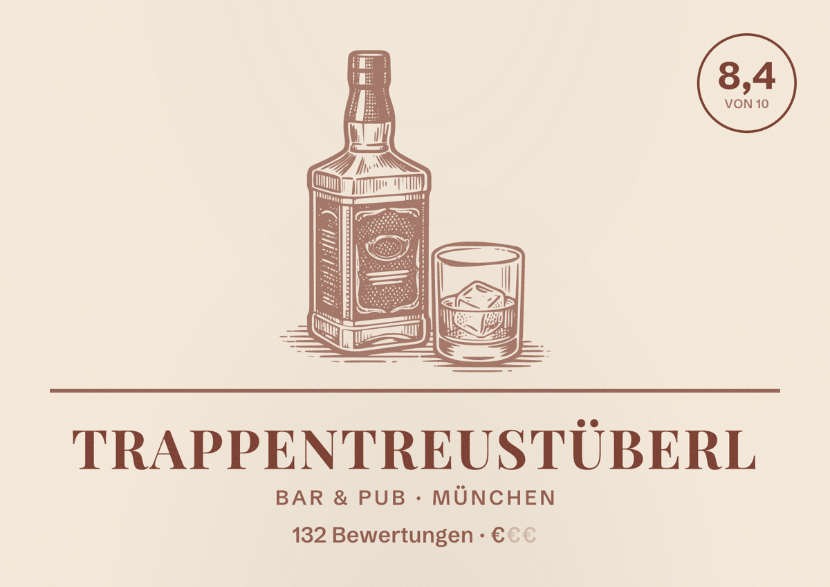 Illustriertes Poster von Trappentreustüberl, Bar & Pub in München: Bewertung 8,4 von 10 aus 132 Bewertungen, Preisniveau €