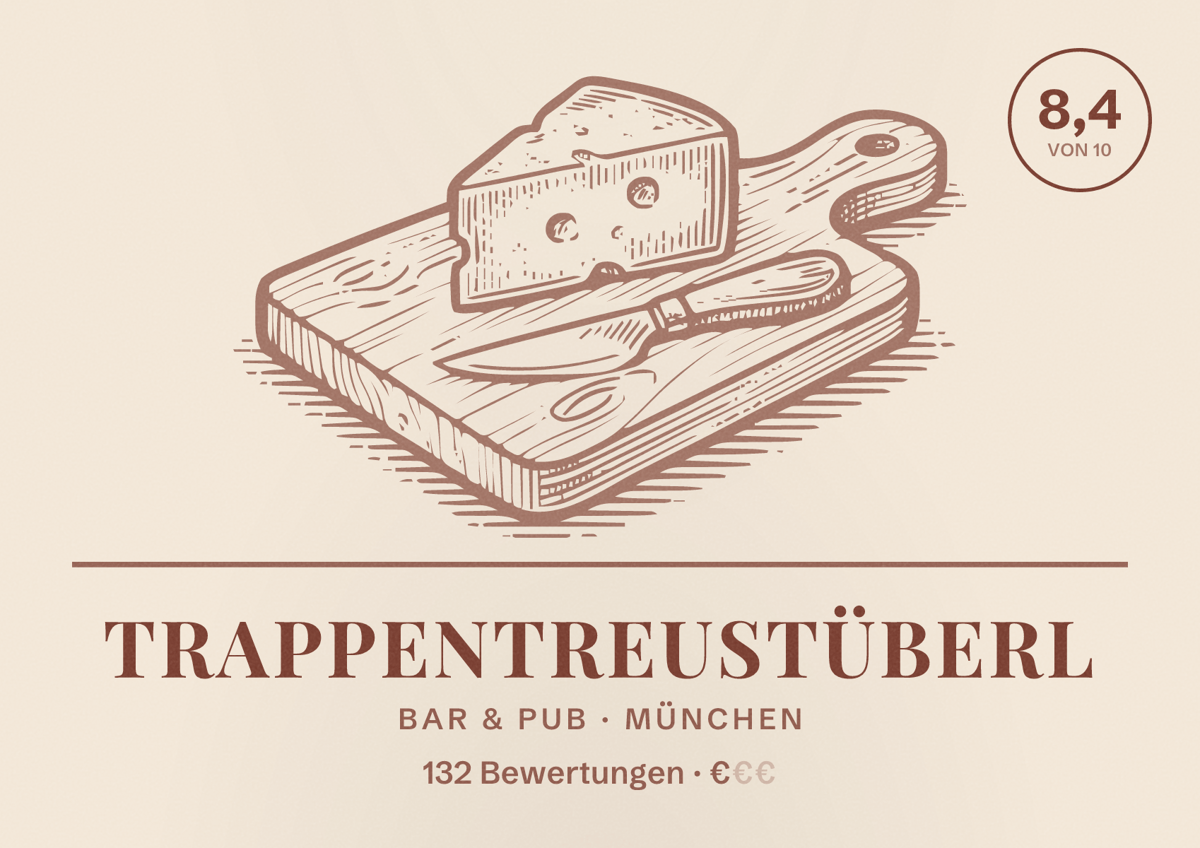 Illustriertes Poster von Trappentreustüberl, Bar & Pub in München: Bewertung 8,4 von 10 aus 132 Bewertungen, Preisniveau €